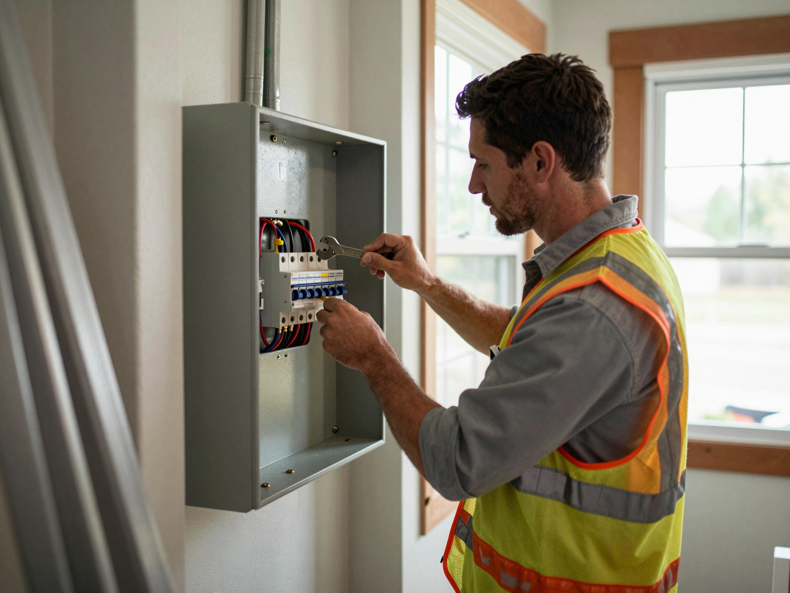 Electrician installing circuit breaker panel